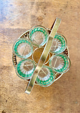 Load image into Gallery viewer, Set of 6 gilt and green trimmed shot glasses in gilt stand