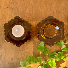 Load image into Gallery viewer, Pair of antique amber glass fluted tea light holders