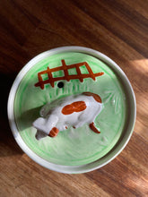 Load image into Gallery viewer, Green barrel-style butter dish with cow on lid