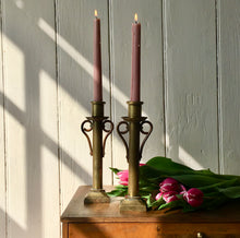 Load image into Gallery viewer, Pair of brass candlesticks with copper scrolls
