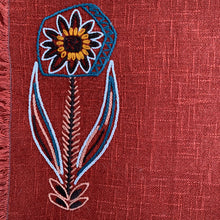 Load image into Gallery viewer, Hand embroidered, folk art style linen placemat with fringed edge.