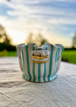 Load image into Gallery viewer, Large striped and floral porcelain planter with crenellated rim
