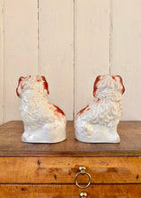 Load image into Gallery viewer, A pair of red and white antique hand painted King Charles Spaniel Staffordshire mantle dogs
