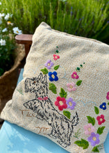 Load image into Gallery viewer, Hand embroidered French cushion with dog and Hollyhocks
