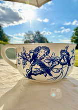 Load image into Gallery viewer, Classical blue and white chamber pot/planter with parakeets in blossom tree
