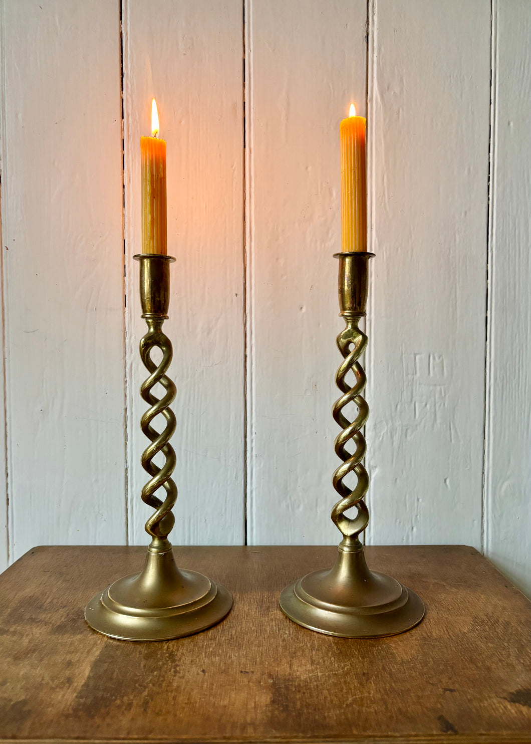 Solid brass tall twisted candlesticks