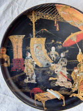 Load image into Gallery viewer, Antique oriental ebonised tray with gold and colour imagery
