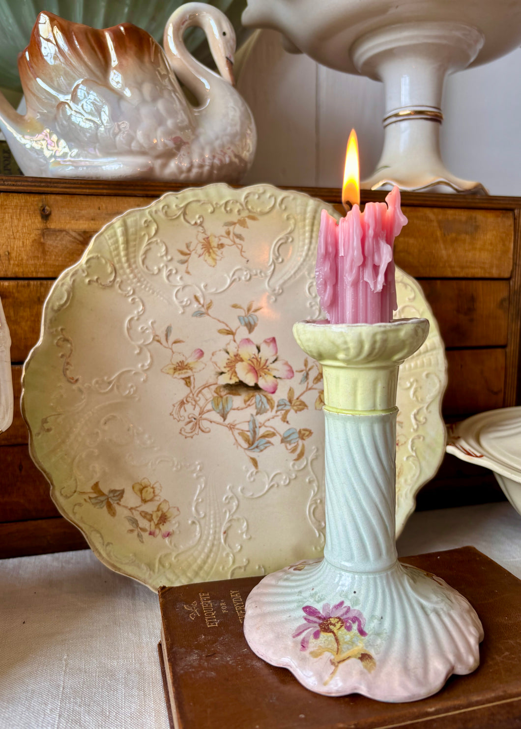 Pretty cream and pink floral candlesticks