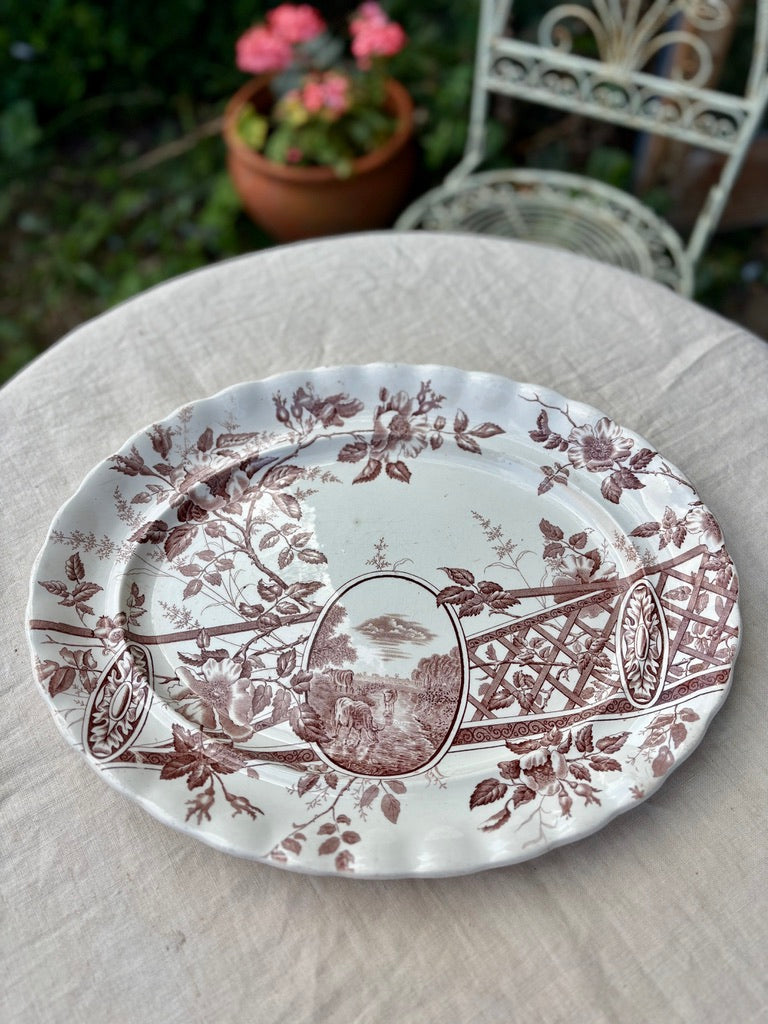Bucolic English scene on this pretty brown on creamy white platter