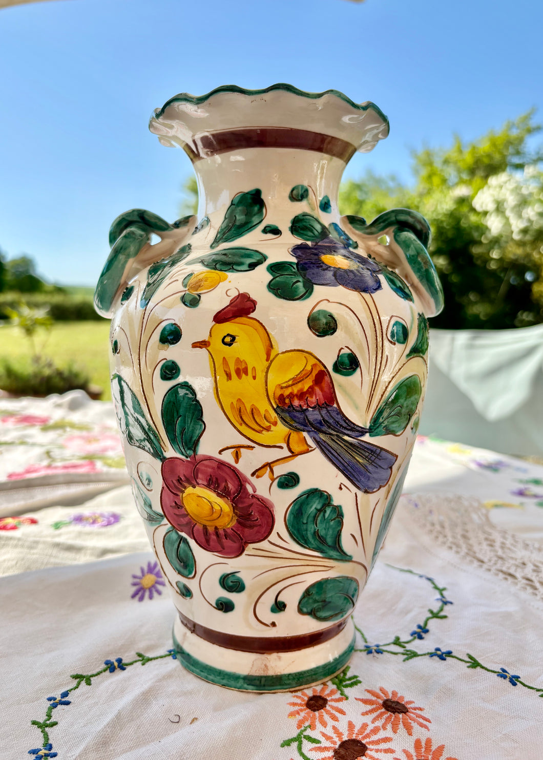 Italian Sgraffito vase with bird and flowers