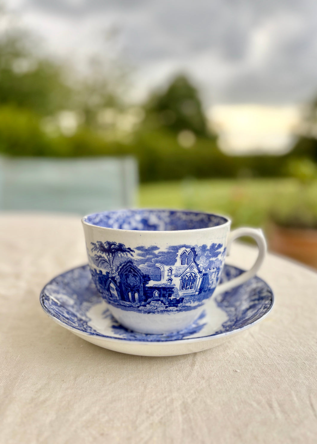 Extra large blue and white cup and saucer by George Jones & Sons
