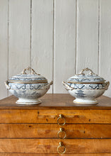 Load image into Gallery viewer, Grey and white transfer ware lidded tureens in oriental style with gilt trim
