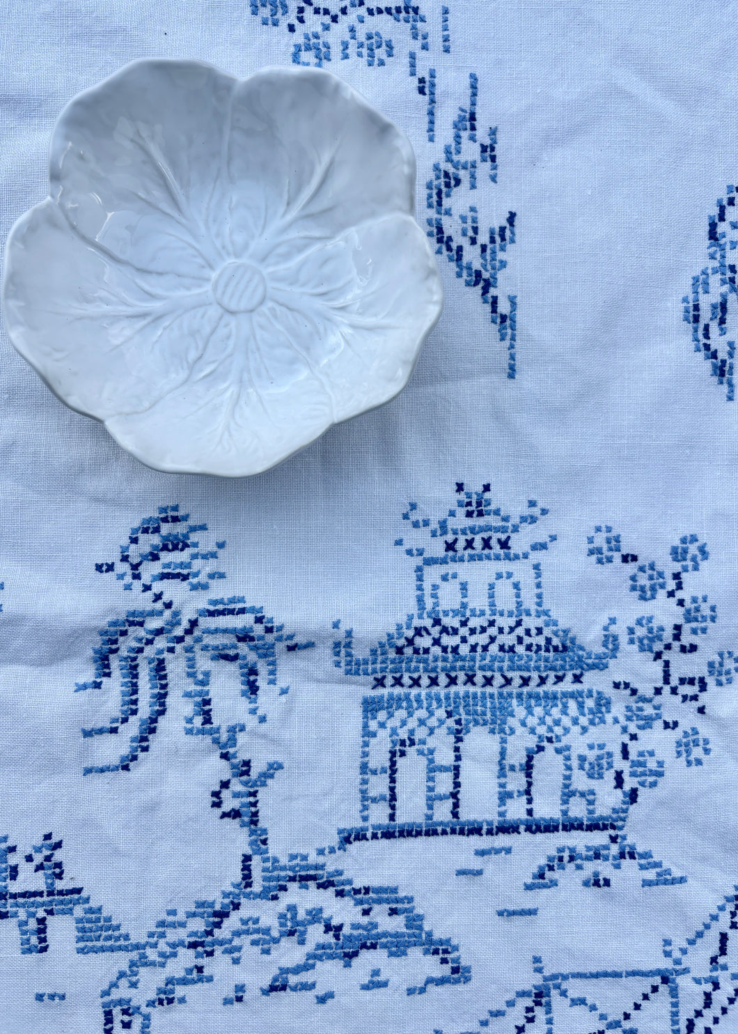 A embroidered Willow Pattern tablecloth
