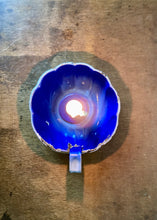 Load image into Gallery viewer, Blue enamel candle holder with scalloped form
