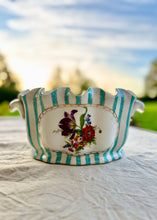 Load image into Gallery viewer, Large striped and floral porcelain planter with crenellated rim
