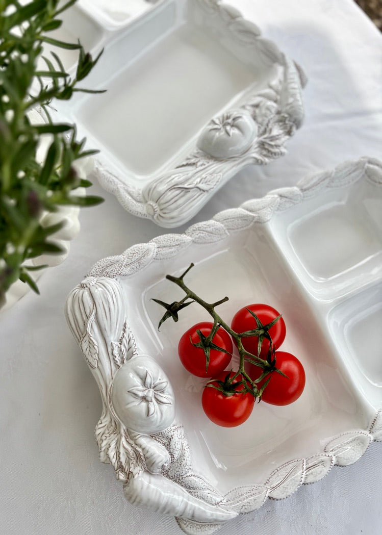 Italian white serving dish with majolica vegetables