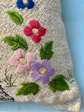 Load image into Gallery viewer, Hand embroidered French cushion with dog and Hollyhocks
