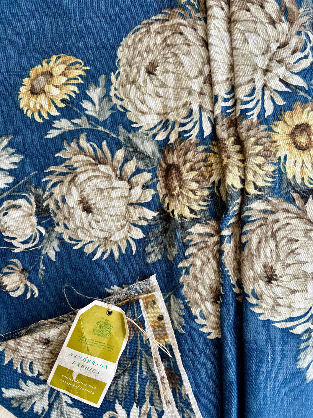 Vintage Sanderson Petrol Blue linen/cotton fabric featuring Chrysanthemum design