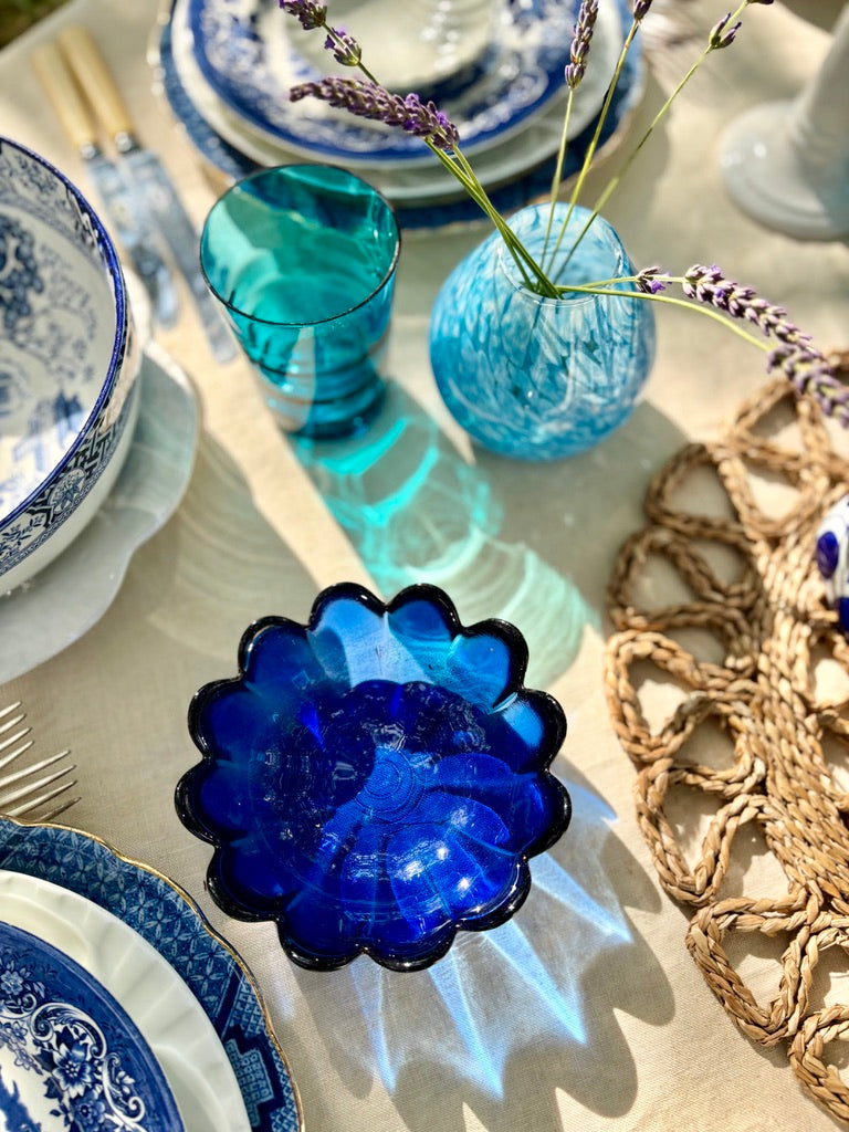Blue glass flower bowl