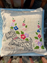 Load image into Gallery viewer, Hand embroidered French cushion with dog and Hollyhocks
