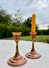 Load image into Gallery viewer, Pair of copper and brass candlesticks
