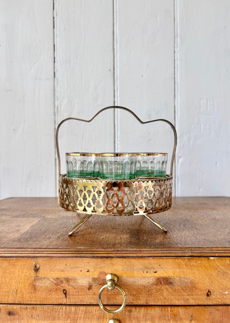 Set of 6 gilt and green trimmed shot glasses in gilt stand