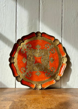 Load image into Gallery viewer, Orange and gilt papier mache Florentine circular tray
