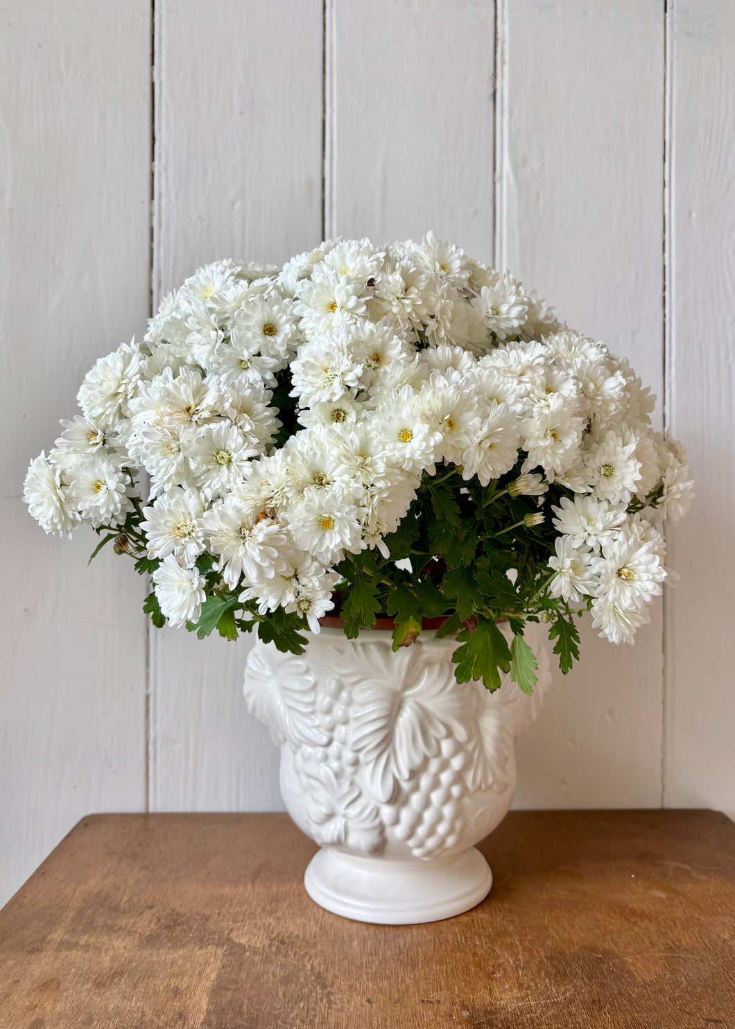 Creamy white vine and grapes footed classical planter