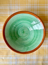 Load image into Gallery viewer, Terracotta bowl with green hand painted interior
