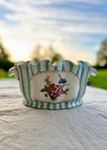 Load image into Gallery viewer, Large striped and floral porcelain planter with crenellated rim
