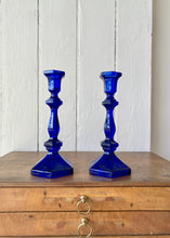 Load image into Gallery viewer, Cobalt blue pressed glass candlesticks
