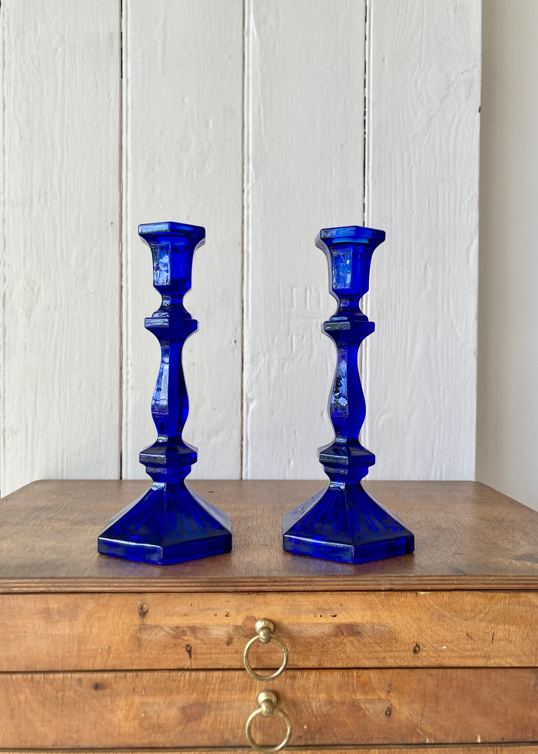 Cobalt blue pressed glass candlesticks