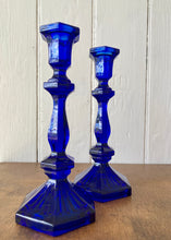 Load image into Gallery viewer, Cobalt blue pressed glass candlesticks
