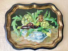 Load image into Gallery viewer, Toleware tray featuring a still life work of a Willow Pattern bowl full of glorious vegetables
