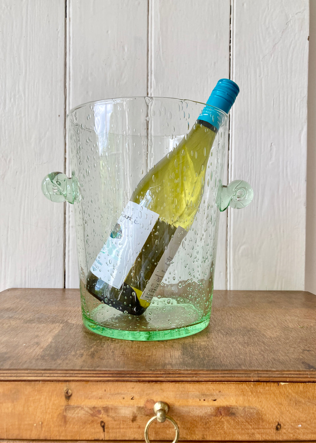 Hand blown pale green bubble glass wine cooler/champagne bucket