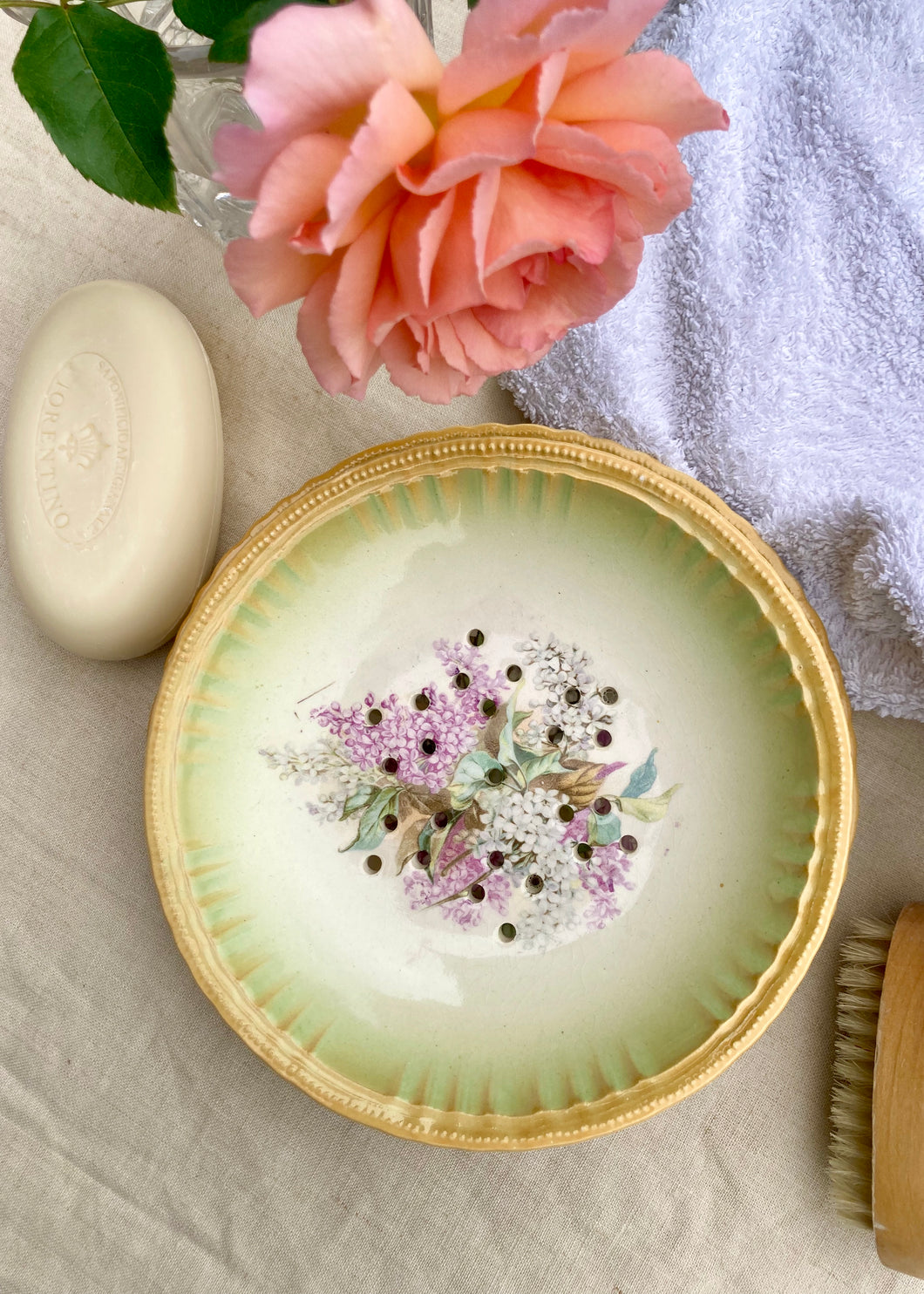 Antique lilac decorated drainer dish and matching plate