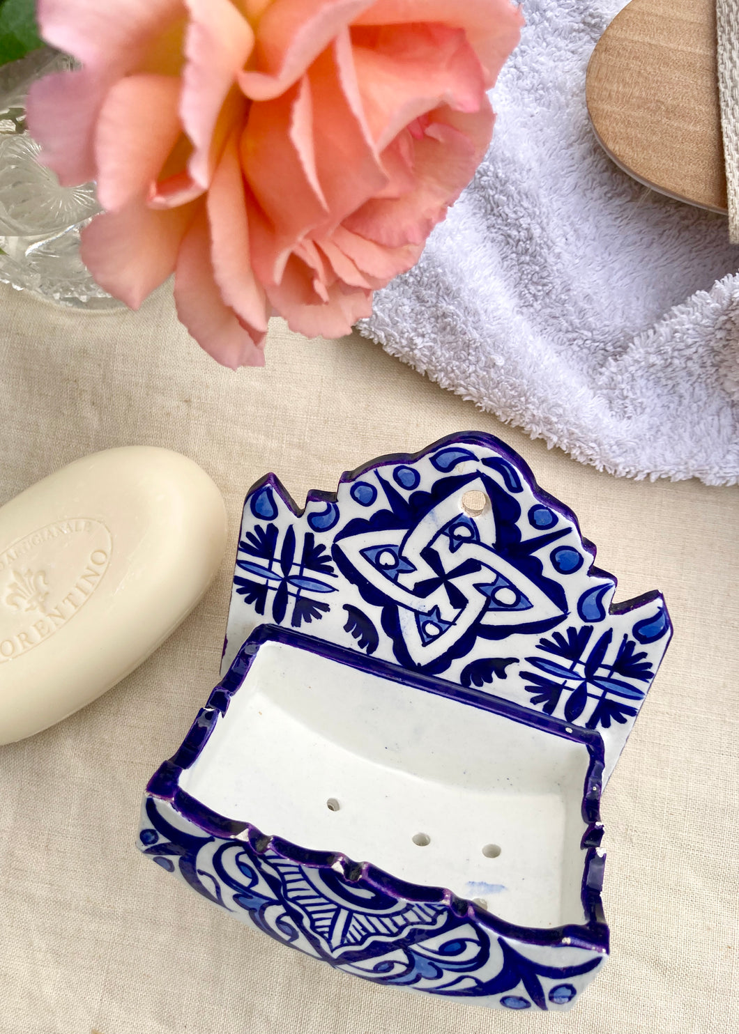 Blue and white wall mounted soap dish