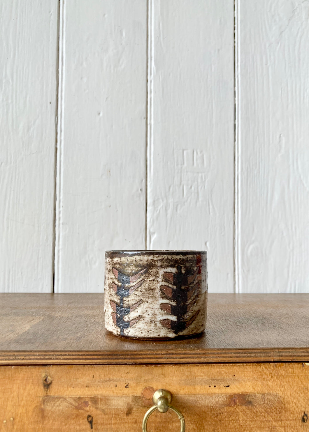 Studio pottery in brown tones, Scandi style decorated textured pot