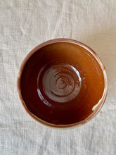 Load image into Gallery viewer, Studio pottery brown bowl with leaf decoration and slip glaze
