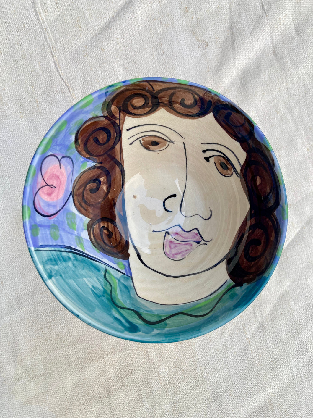 Karen Atherley bowl 'face and flowers' design