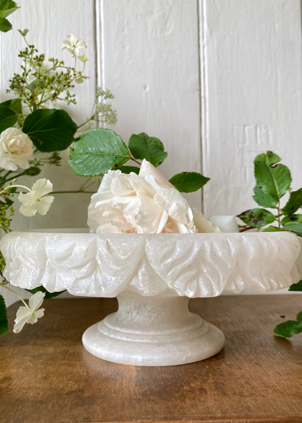 Carved alabaster pedestal dish