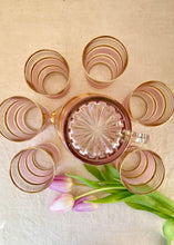Load image into Gallery viewer, A pretty pink and gilt trimmed glass jug and six matching glasses
