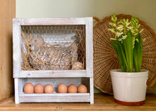 Load image into Gallery viewer, Artisan-made, pottery chicken in nesting box with egg storage rack
