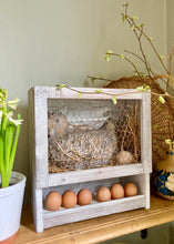 Load image into Gallery viewer, Artisan-made, pottery chicken in nesting box with egg storage rack
