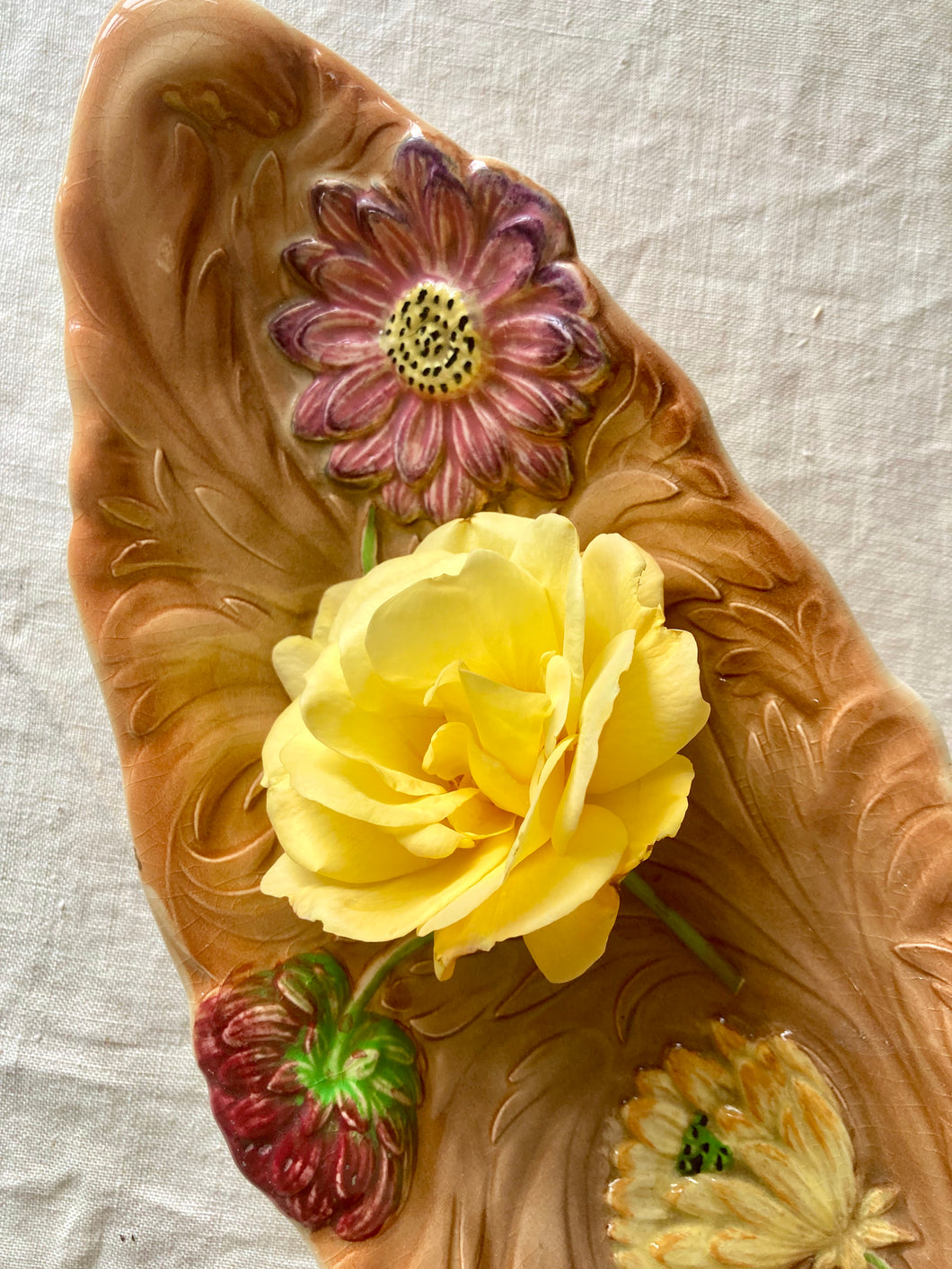 Majolica dish with chrysanthemums and dahlias