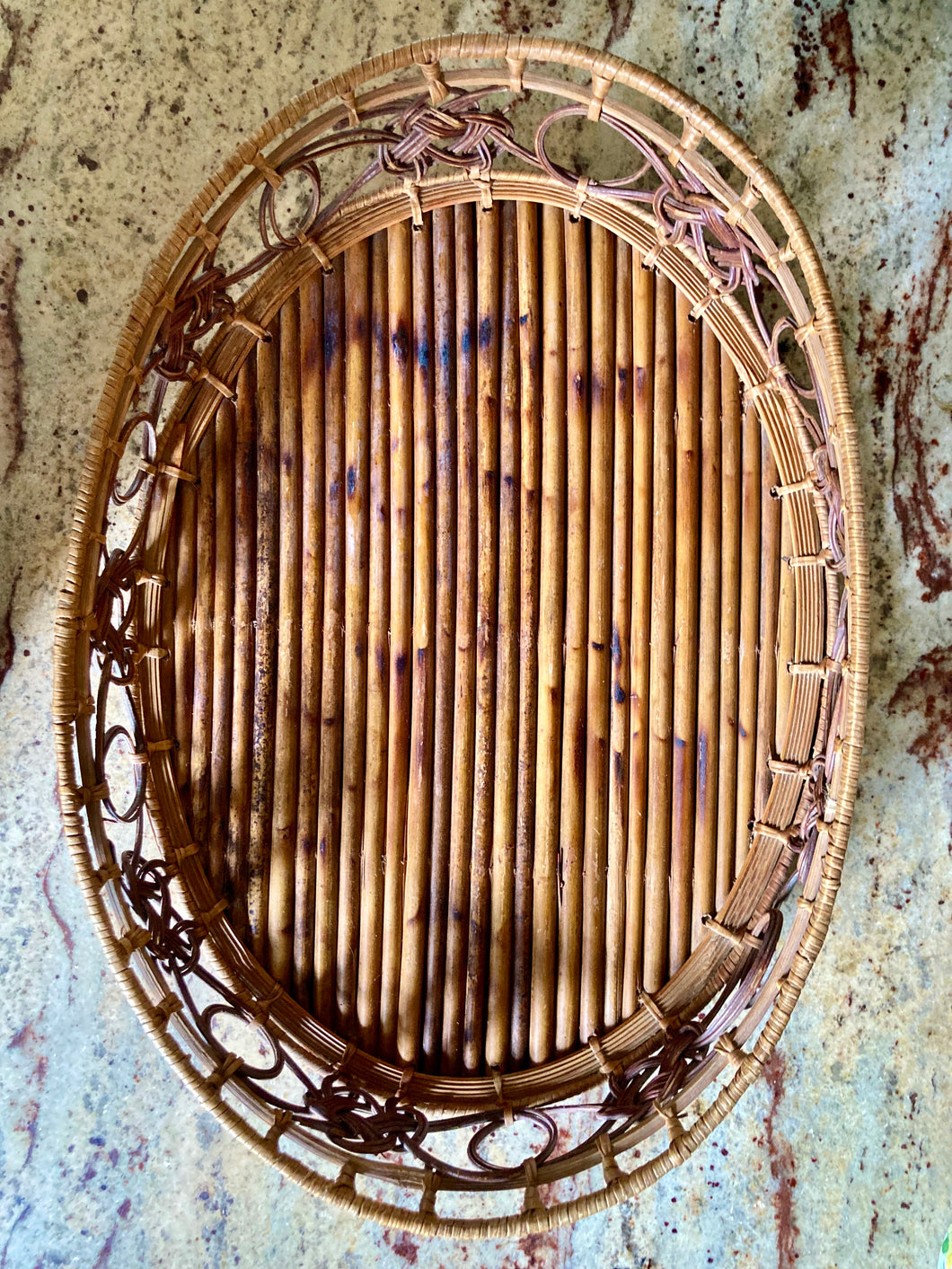 A beautiful, structured bamboo, cane and woven grass tray