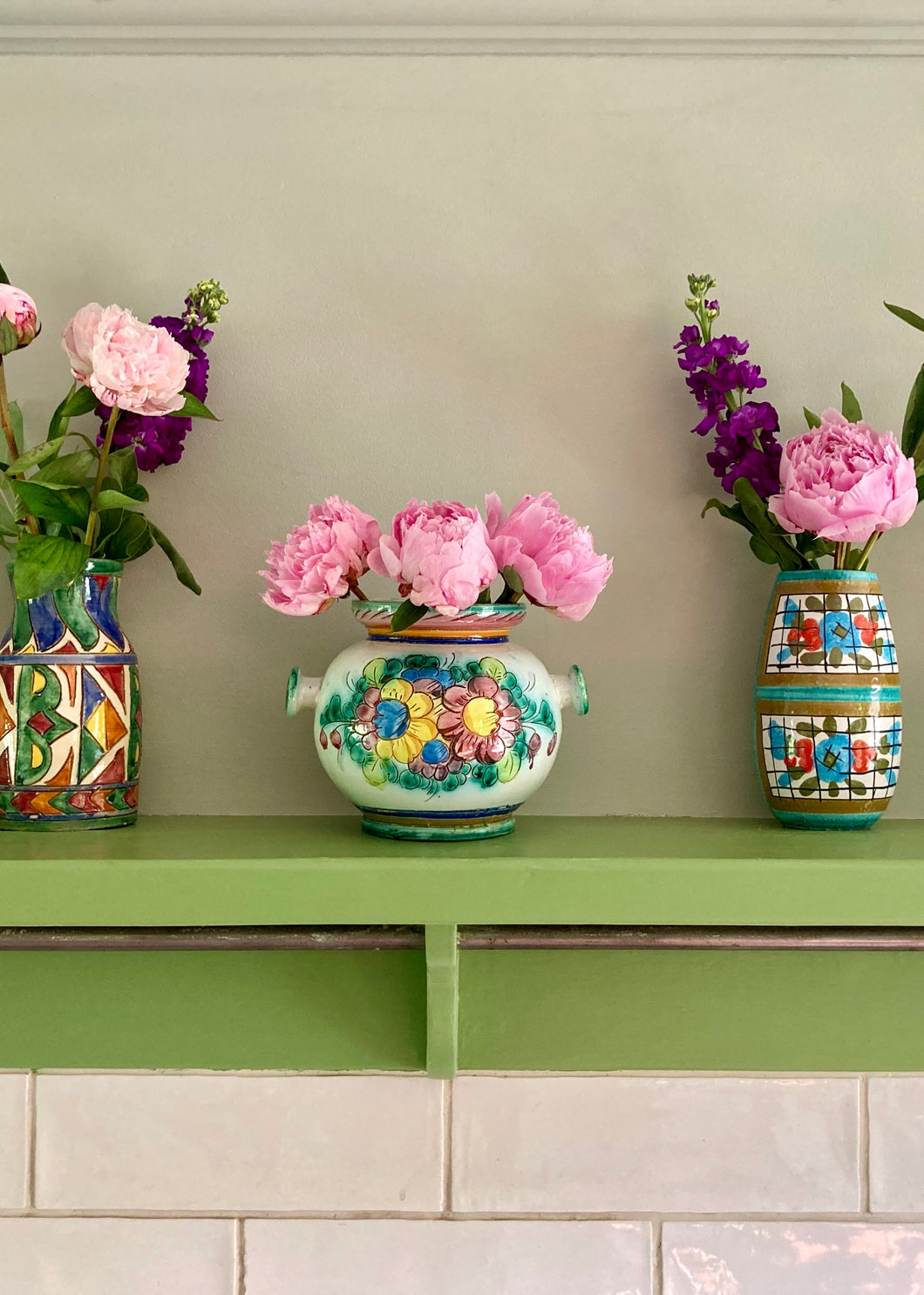 Italian vintage sgraffito floral globe vase with twin handles