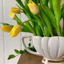 Load image into Gallery viewer, Creamy white scalloped mantle vase with gilt trim and original wire frog
