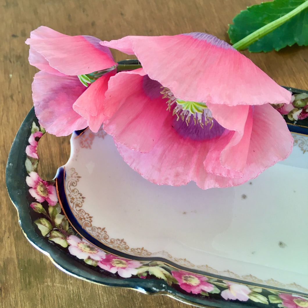 Floral edge elongated dish with cut out handle detail