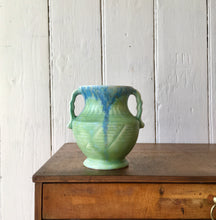 Load image into Gallery viewer, Pale green two handled vase with blue marbling effect
